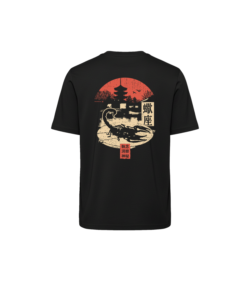 T-shirt luźny z recyklingu, czarny – Zodiak Skorpion – Japoński Kanji
