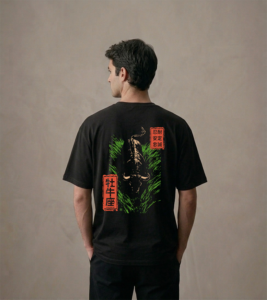 T-shirt luźny z recyklingu, czarny - Zodiak Byk - Japoński Kanji