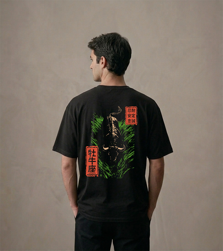 T-shirt luźny z recyklingu, czarny – Zodiak Byk – Japoński Kanji