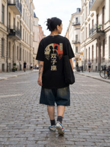 T-shirt luźny z recyklingu, czarny - Zodiak Bliźnięta - Japoński Kanji