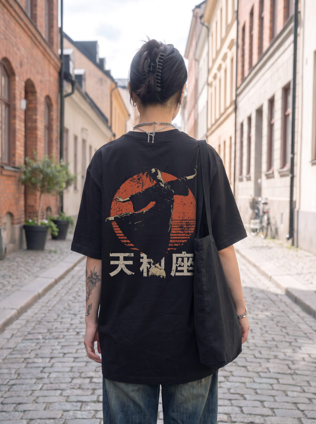 T-shirt luźny z recyklingu, czarny – Zodiak Waga – Japoński Kanji