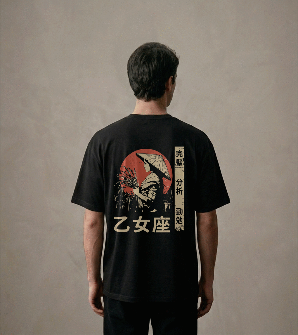 T-shirt luźny z recyklingu, czarny – Zodiak Panna – Japoński Kanji