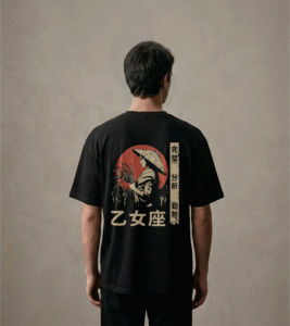 T-shirt luźny z recyklingu, czarny - Zodiak Panna - Japoński Kanji