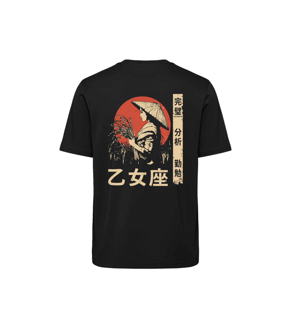 T-shirt luźny z recyklingu, czarny – Zodiak Panna – Japoński Kanji