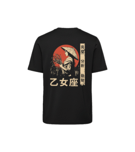 T-shirt luźny z recyklingu, czarny - Zodiak Panna - Japoński Kanji