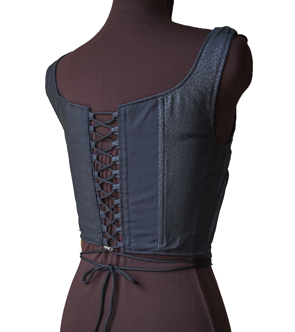 Czarny gorset z pomarszczonym dekoltem i sznurówką – upcycled