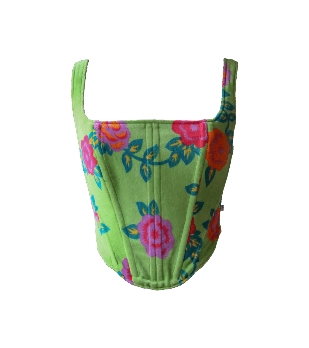 Welurowy zielony gorset w kwiecisty wzór – upcycled