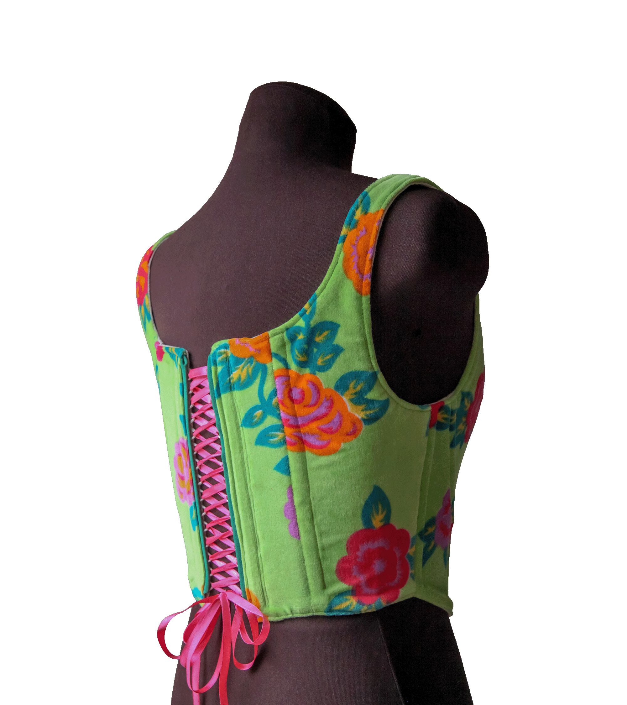 Welurowy zielony gorset w kwiecisty wzór – upcycled