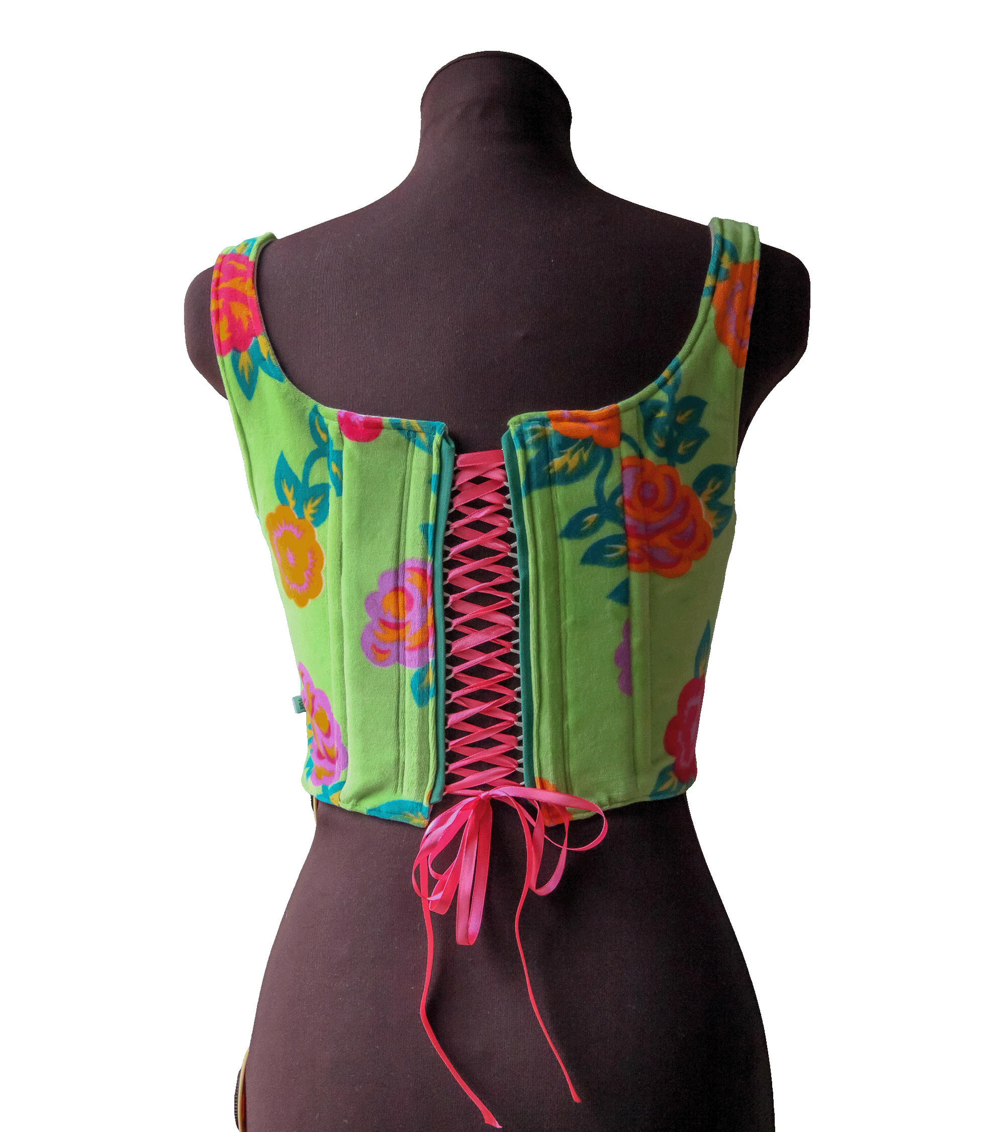 Welurowy zielony gorset w kwiecisty wzór – upcycled