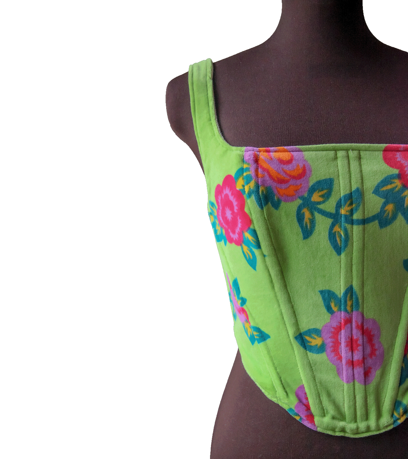 Welurowy zielony gorset w kwiecisty wzór – upcycled