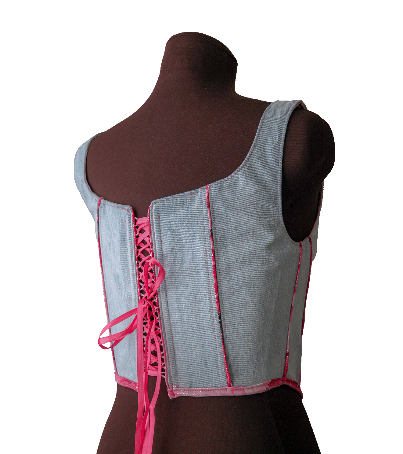 Jeansowy gorset z różowymi detalami, upcycled