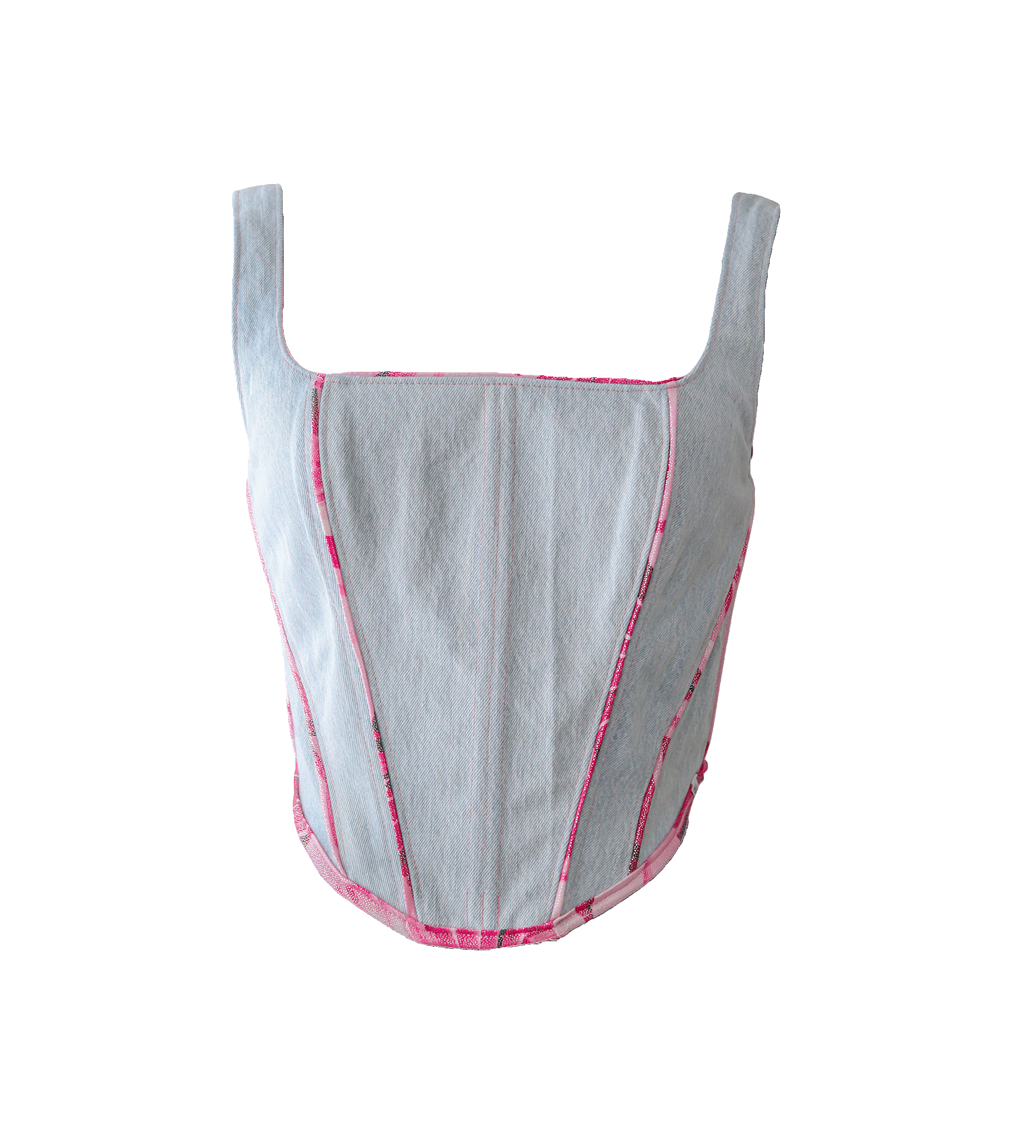 Jeansowy gorset z różowymi detalami, upcycled