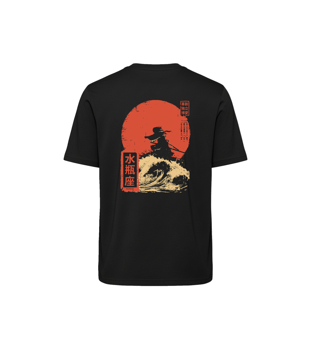 T-shirt luźny z recyklingu, czarny – Zodiak Wodnik – Japoński Kanji