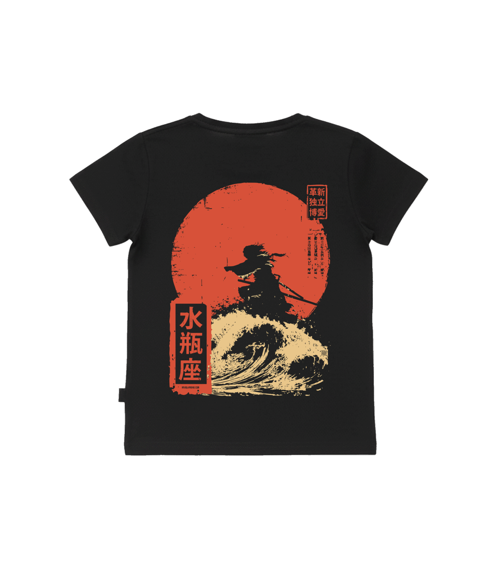 T-shirt dziecięcy z recyklingu, czarny – Zodiak Wodnik – Japoński Kanji