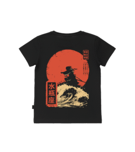 T-shirt dziecięcy z recyklingu, czarny - Zodiak Wodnik - Japoński Kanji