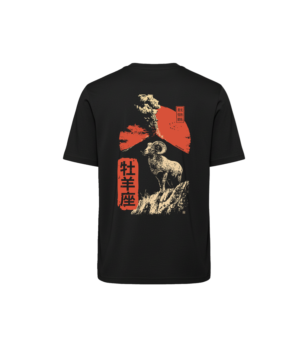 T-shirt luźny z recyklingu, czarny – Zodiak Baran – Japoński Kanji