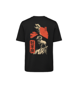 T-shirt luźny z recyklingu, czarny - Zodiak Baran - Japoński Kanji
