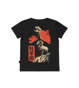 T-shirt dziecięcy z recyklingu, czarny - Zodiak Baran - Japoński Kanji