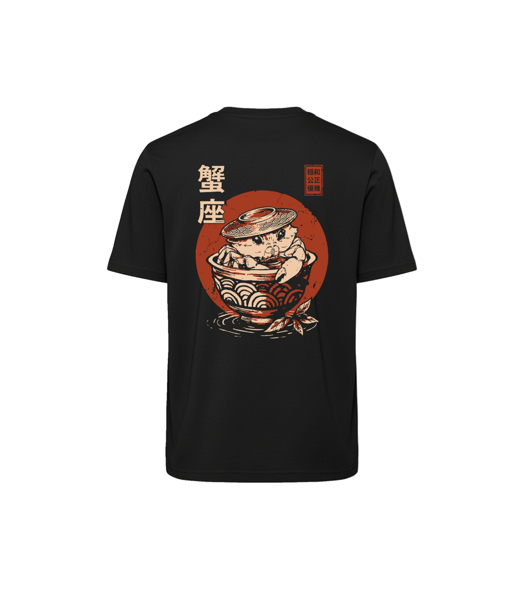 T-shirt luźny z recyklingu, czarny – Zodiak Rak – Japoński Kanji