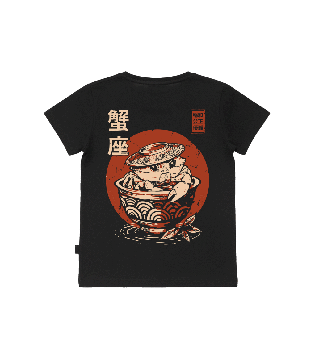 T-shirt dziecięcy z recyklingu, czarny – Zodiak Rak – Japoński Kanji