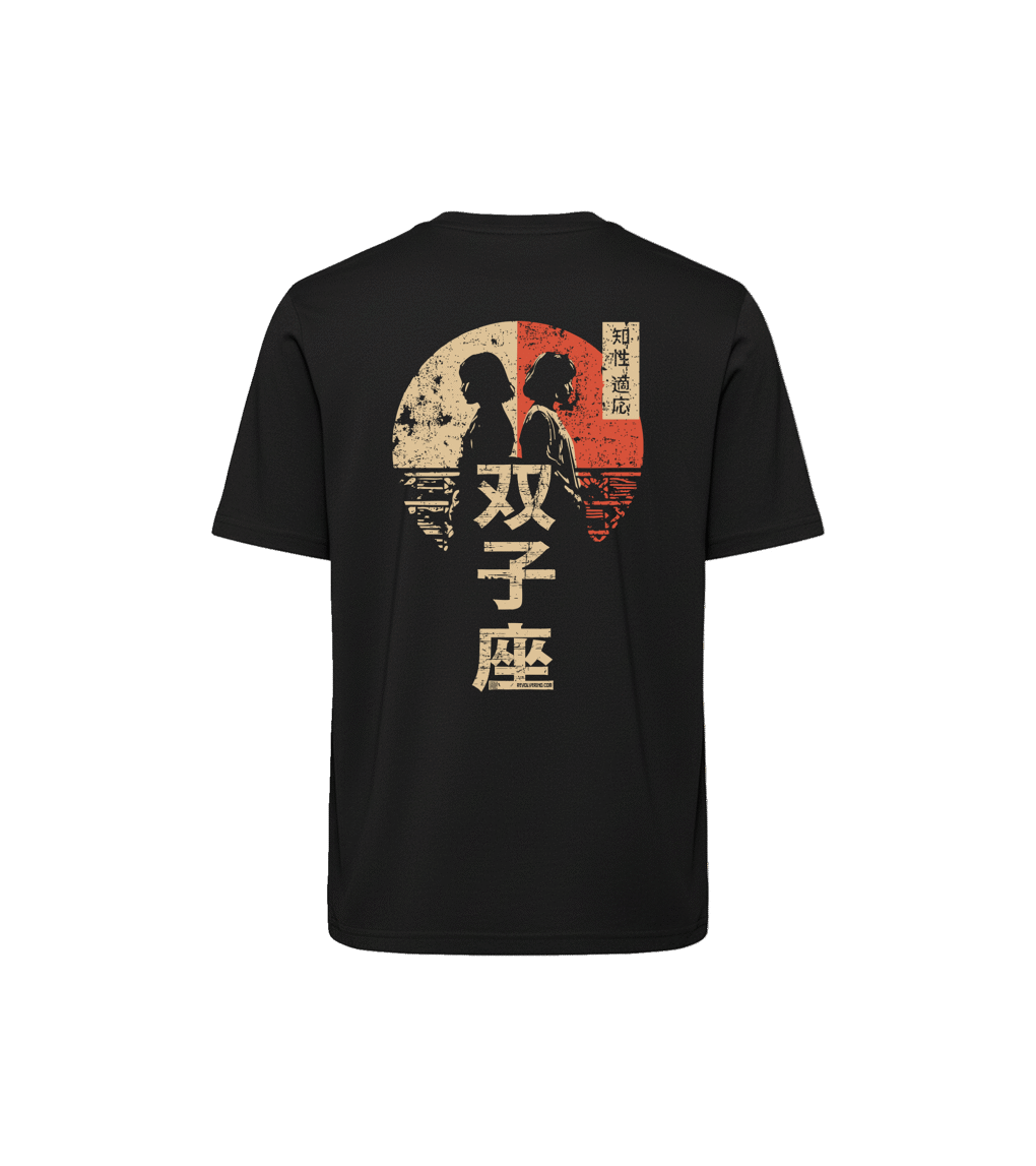 T-shirt luźny z recyklingu, czarny – Zodiak Bliźnięta – Japoński Kanji