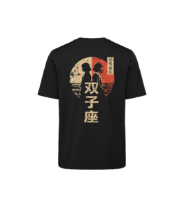 T-shirt luźny z recyklingu, czarny - Zodiak Bliźnięta - Japoński Kanji