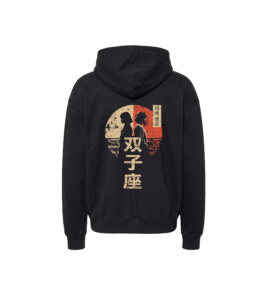 Bluza oversized z recyklingu, czarna - Zodiak Bliźnięta - Japoński Kanji