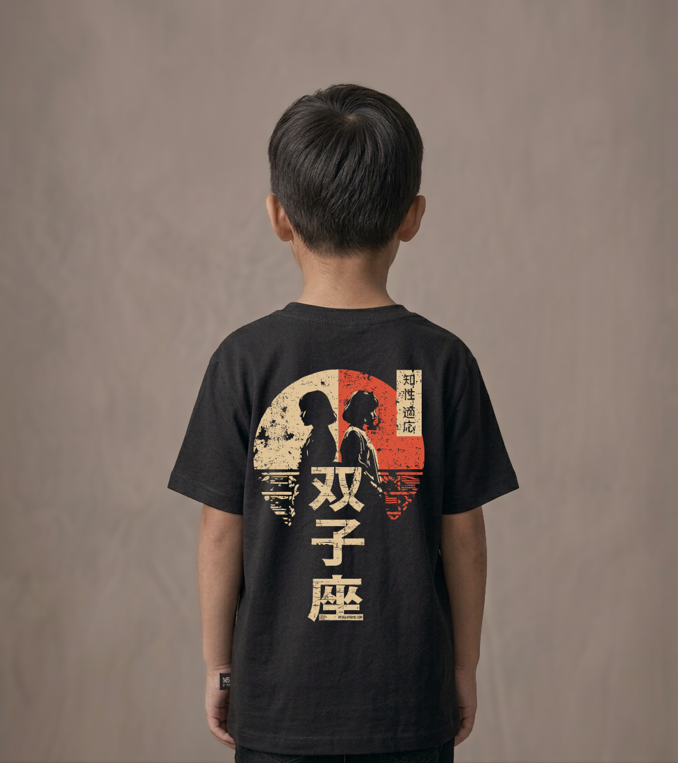 T-shirt dziecięcy z recyklingu, czarny – Zodiak Bliźnięta – Japoński Kanji