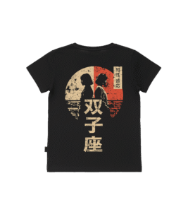 T-shirt dziecięcy z recyklingu, czarny - Zodiak Bliźnięta - Japoński Kanji