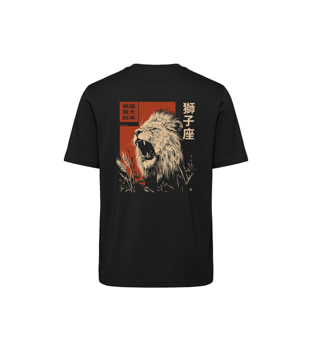 T-shirt luźny z recyklingu, czarny – Zodiak Lew – Japoński Kanji