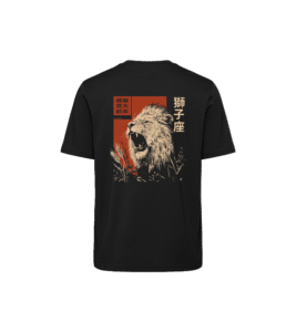 T-shirt luźny z recyklingu, czarny - Zodiak Lew - Japoński Kanji