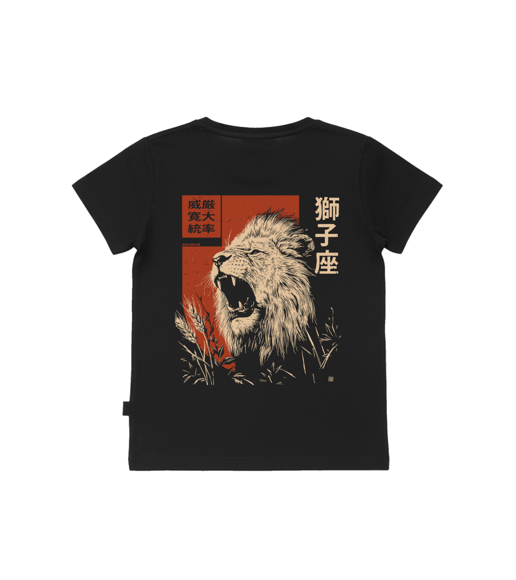 T-shirt dziecięcy z recyklingu, czarny – Zodiak Lew – Japoński Kanji