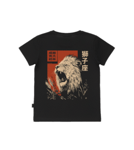 T-shirt dziecięcy z recyklingu, czarny - Zodiak Lew - Japoński Kanji