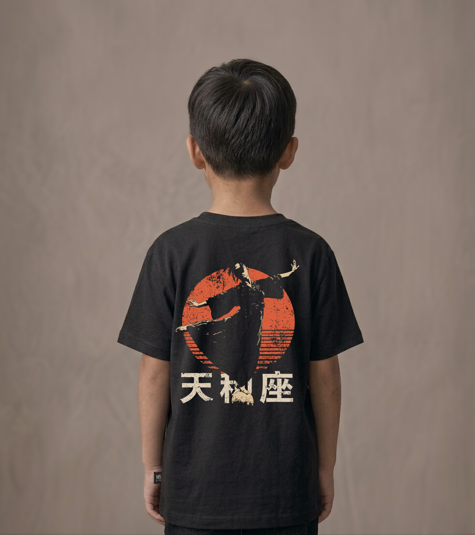 T-shirt dziecięcy z recyklingu, czarny – Zodiak Waga – Japoński Kanji