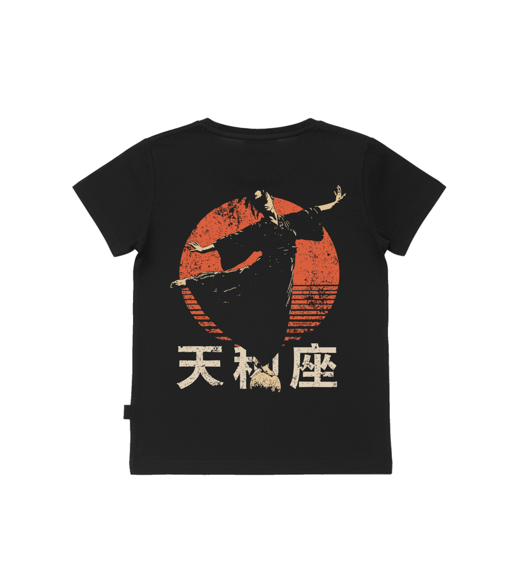 T-shirt dziecięcy z recyklingu, czarny – Zodiak Waga – Japoński Kanji