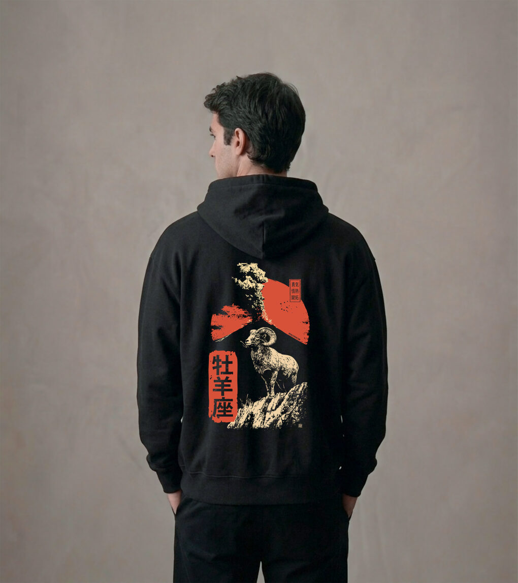 Bluza oversized z recyklingu, czarna – Zodiak Baran – Japoński Kanji
