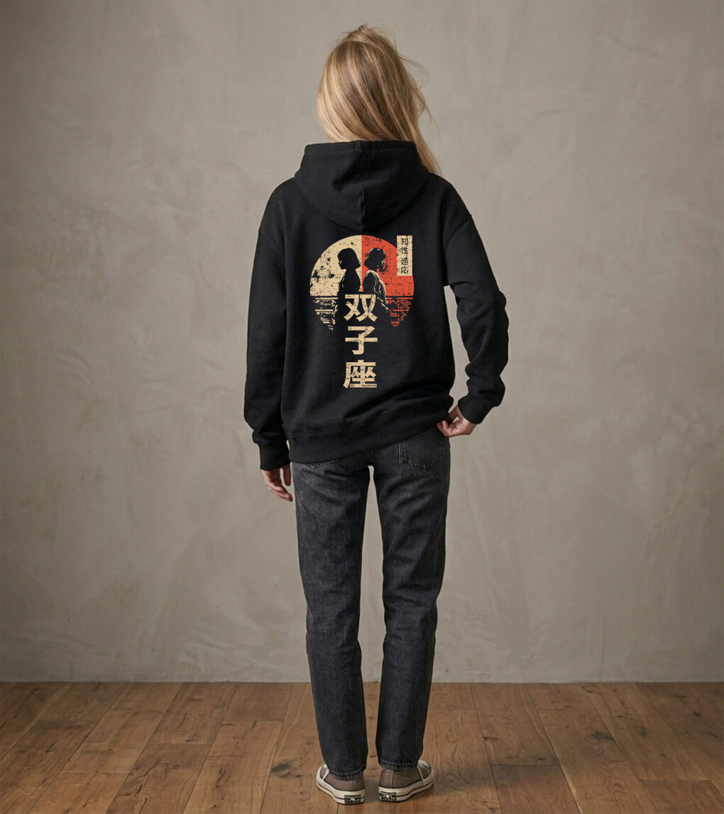 Bluza oversized z recyklingu, czarna – Zodiak Bliźnięta – Japoński Kanji