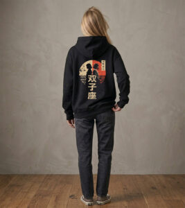 Bluza oversized z recyklingu, czarna - Zodiak Bliźnięta - Japoński Kanji