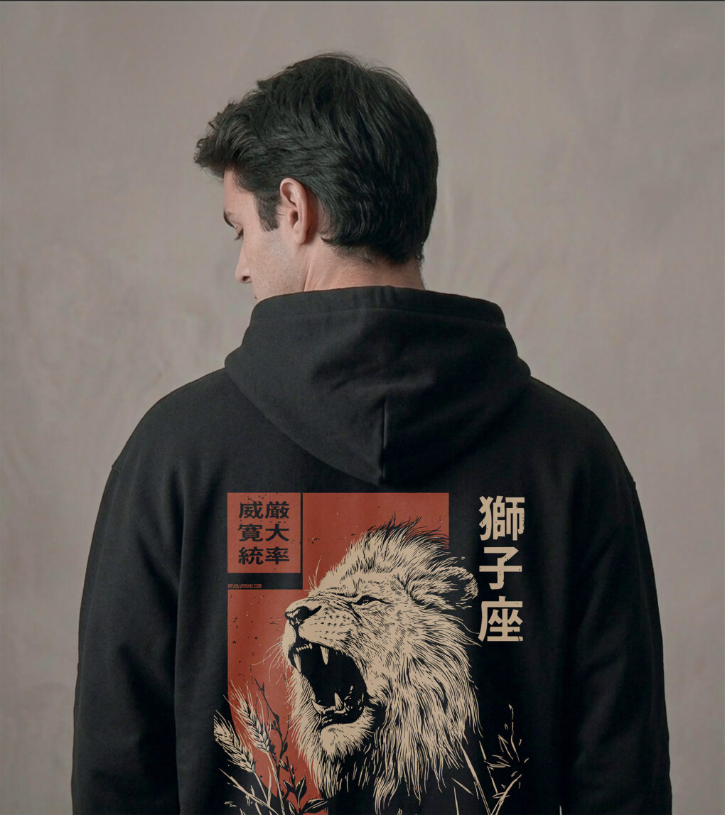 Bluza oversized z recyklingu, czarna – Zodiak Lew – Japoński Kanji