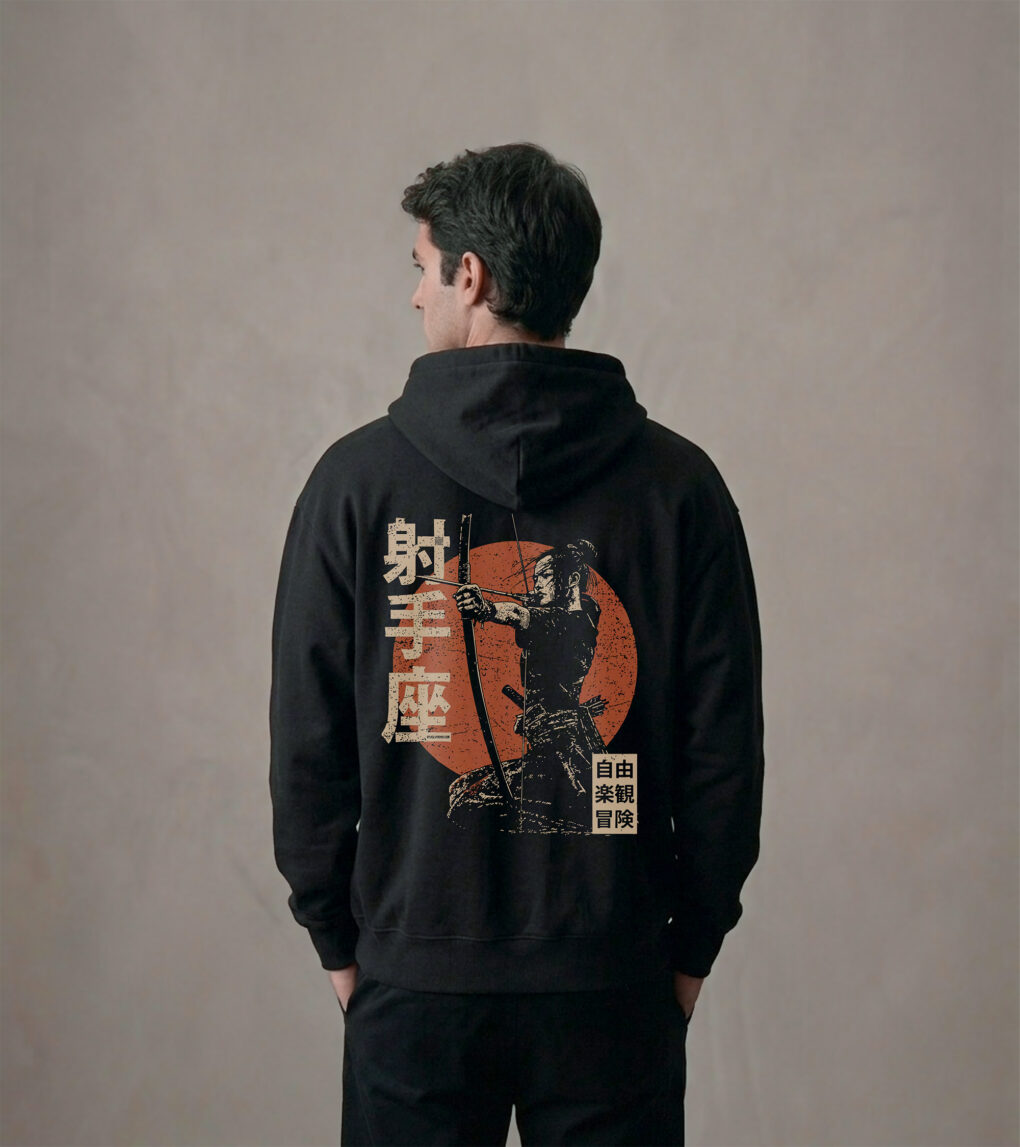 Bluza oversized z recyklingu, czarna – Zodiak Strzelec – Japoński Kanji