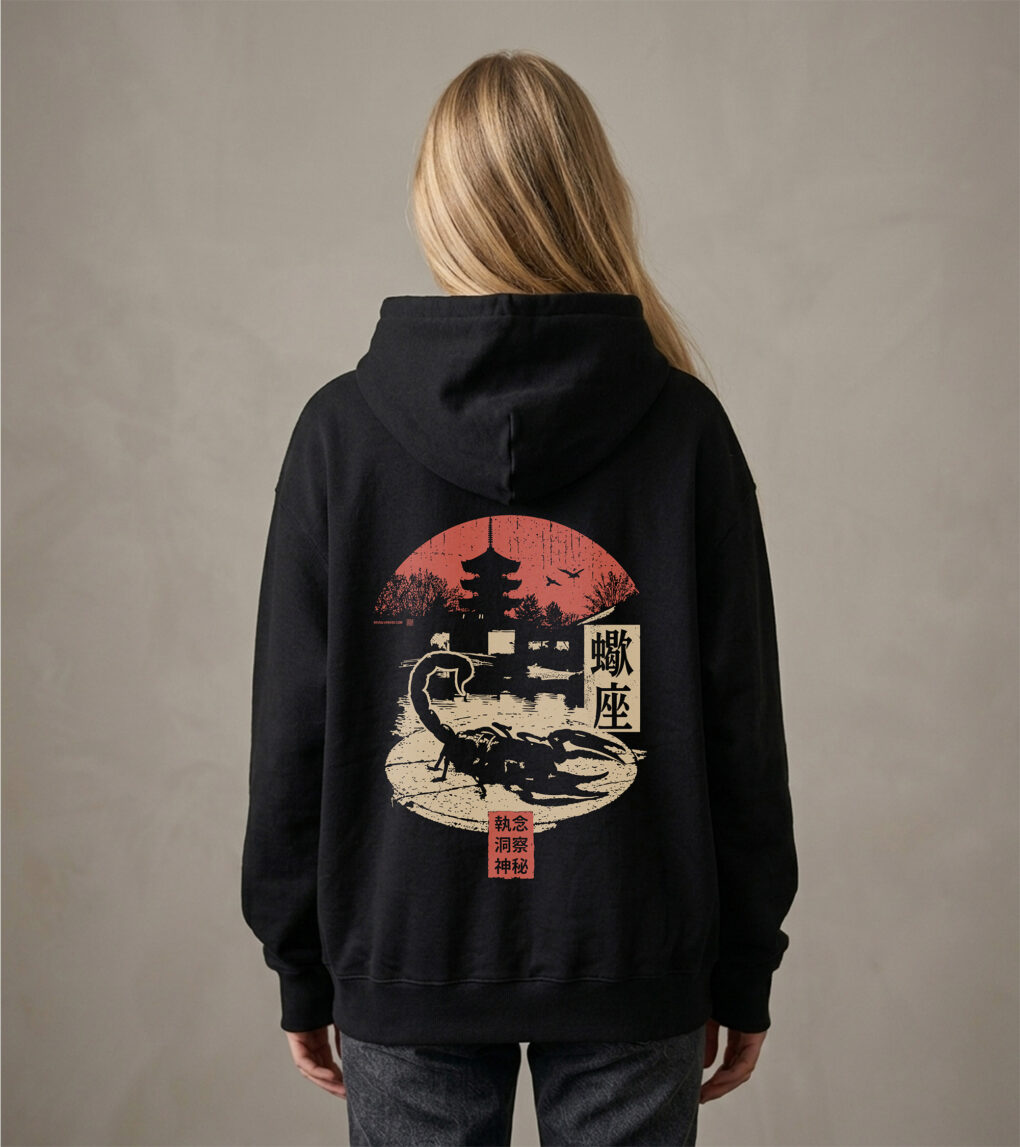 Bluza oversized z recyklingu, czarna – Zodiak Skorpion – Japoński Kanji