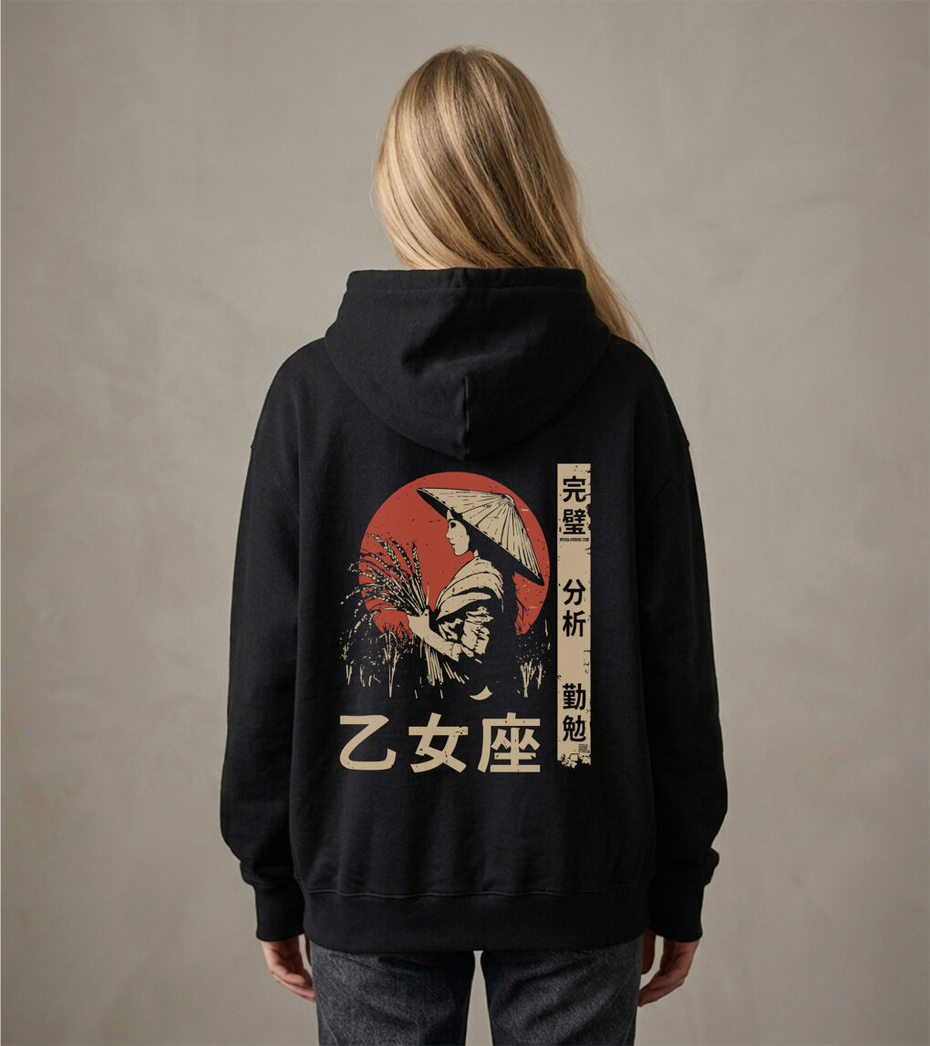 Bluza oversized z recyklingu, czarna – Zodiak Panna – Japoński Kanji