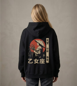 Bluza oversized z recyklingu, czarna - Zodiak Panna - Japoński Kanji