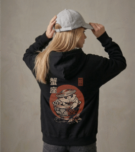 Bluza oversized z recyklingu, czarna - Zodiak Rak - Japoński Kanji