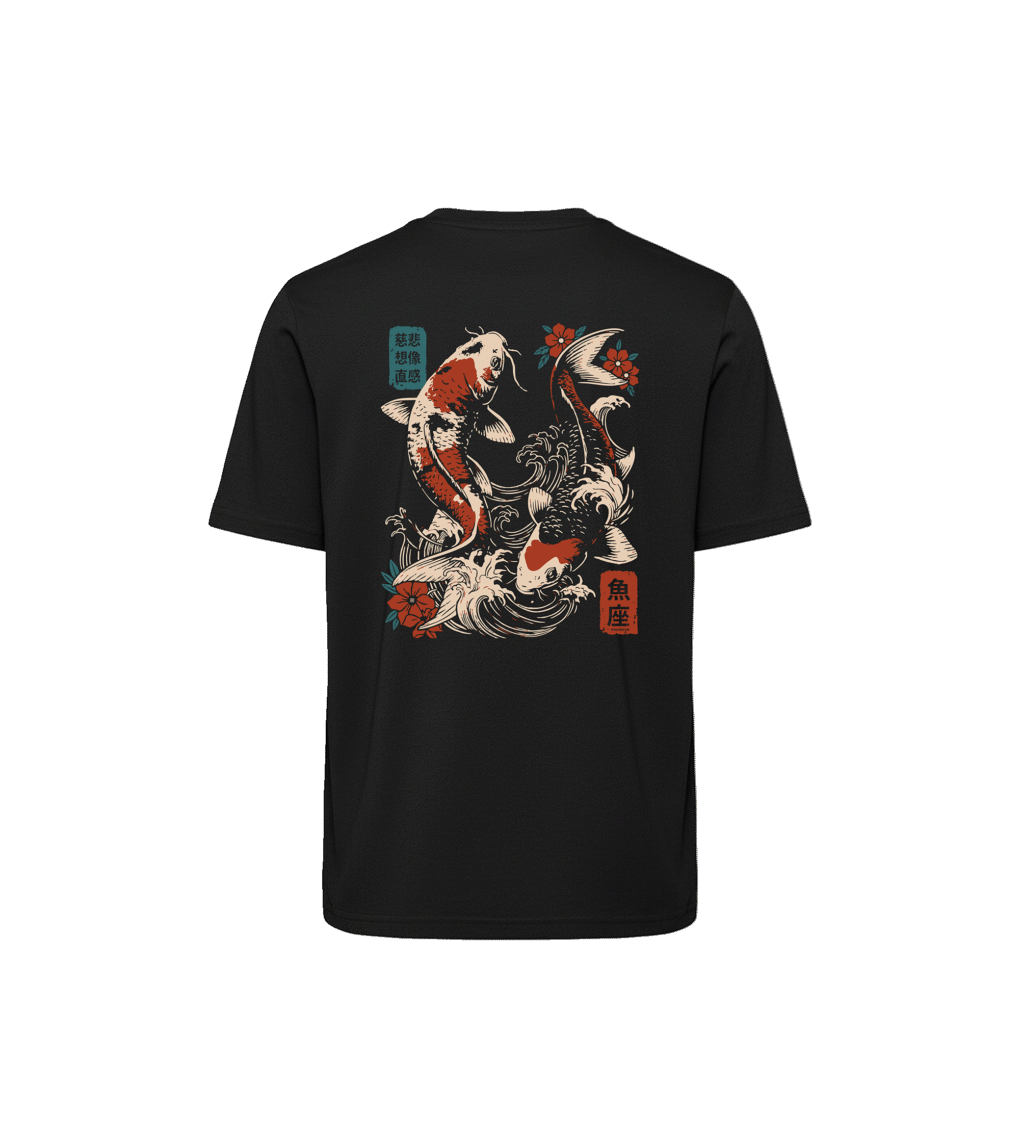 T-shirt luźny z recyklingu, czarny – Zodiak Ryby – Japoński Kanji