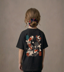 T-shirt dziecięcy z recyklingu, czarny - Zodiak Ryby - Japoński Kanji