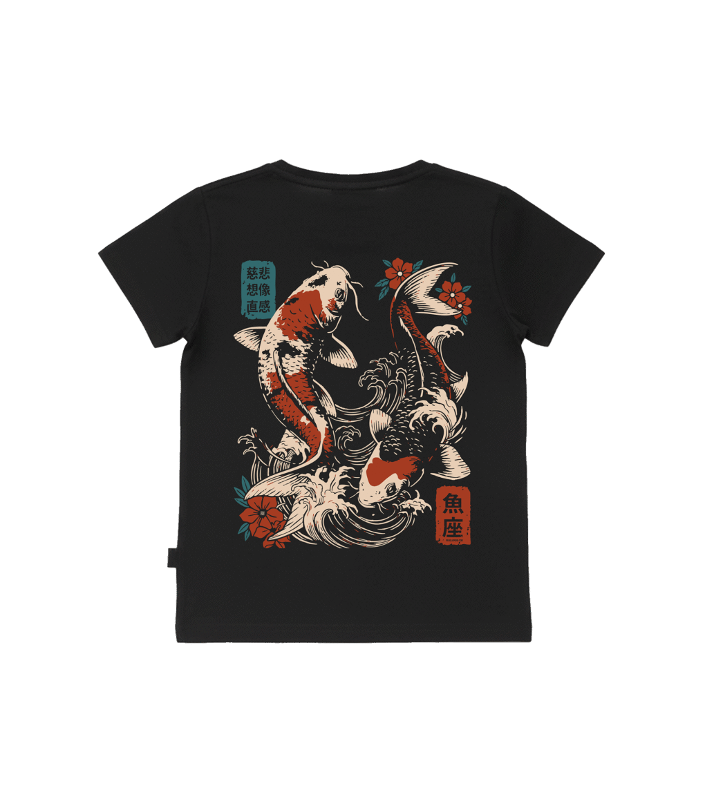 T-shirt dziecięcy z recyklingu, czarny – Zodiak Ryby – Japoński Kanji