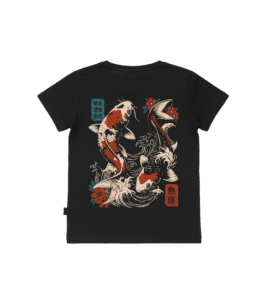 T-shirt dziecięcy z recyklingu, czarny - Zodiak Ryby - Japoński Kanji