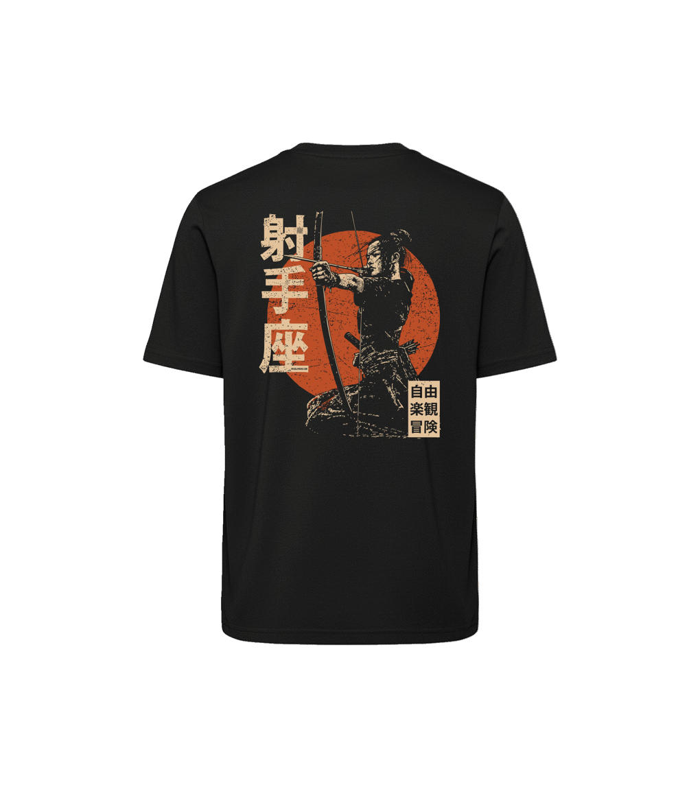 T-shirt luźny z recyklingu, czarny – Zodiak Strzelec – Japoński Kanji