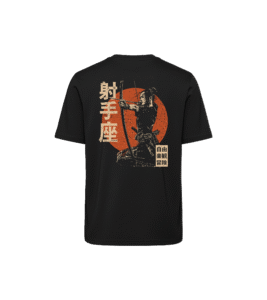 T-shirt luźny z recyklingu, czarny - Zodiak Strzelec - Japoński Kanji
